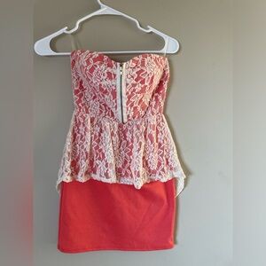 Ice Coral and White Lace Tube mini Dress with zipper detail New with tags Small
